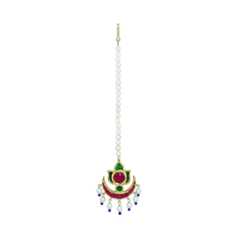 Crescent Cabochon Mangtikka with Red-Green Stones and Pearls